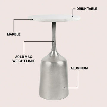 Pip 20.25" Classic Designer Metal Drink Table and Decorative End Table with White Marble Round Top and Bell Pedestal Base